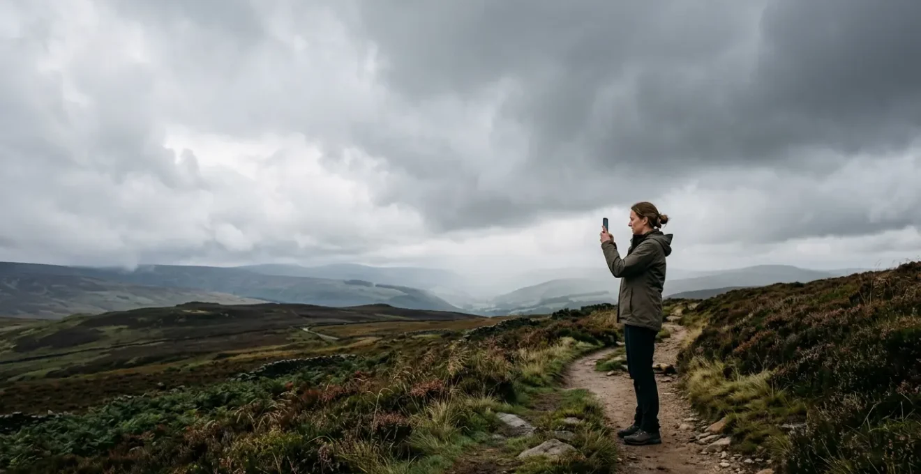 Professional smartphone photographer capturing moody landscape details on an overcast British day with dramatic cloud formations