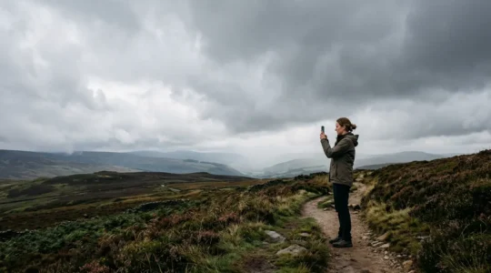 Professional smartphone photographer capturing moody landscape details on an overcast British day with dramatic cloud formations