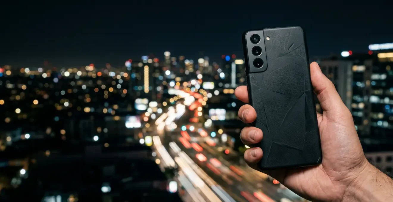 Close-up of a smartphone capturing a night cityscape with AI processing visual effects