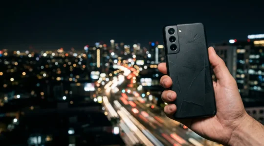Close-up of a smartphone capturing a night cityscape with AI processing visual effects
