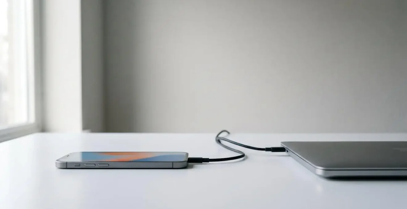Technical setup showing smartphone connected to computer for advanced system app management