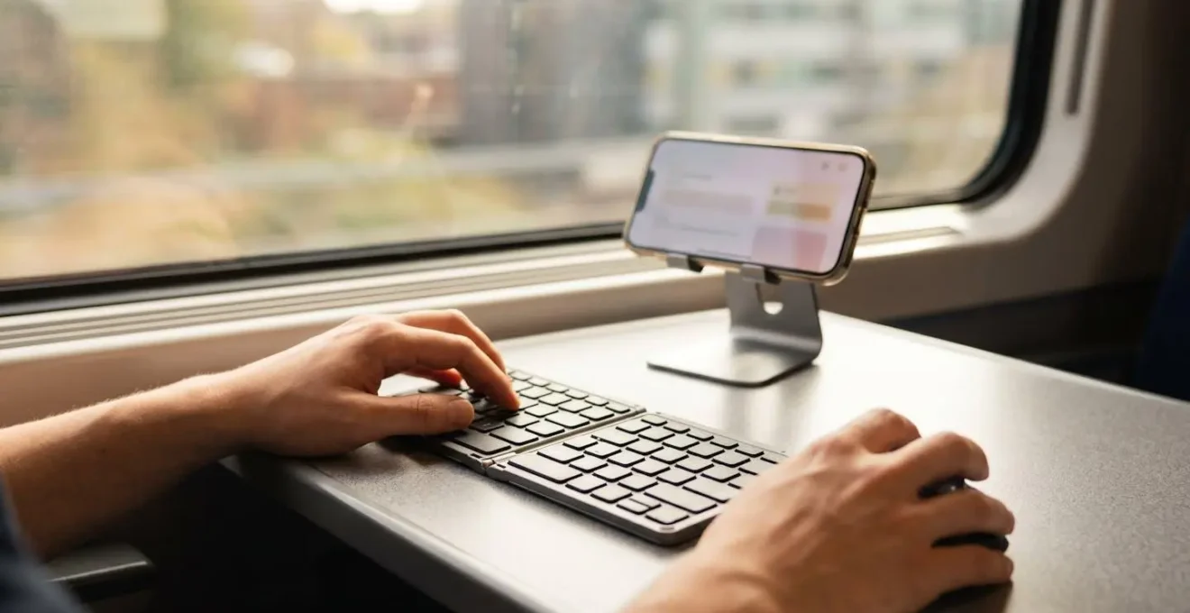 Compact mobile workstation deployed on train table with ergonomic positioning and travel-optimized peripherals
