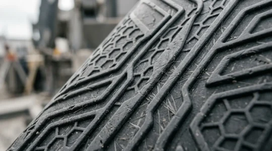 Professional close-up photograph showing high-density composite material texture with tactile surface details in industrial work environment