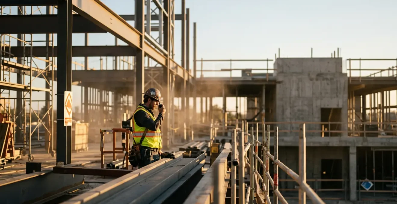 Construction worker on active building site using modern communication device amid equipment and noise