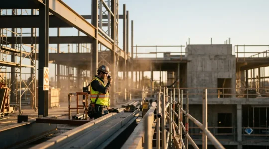 Construction worker on active building site using modern communication device amid equipment and noise