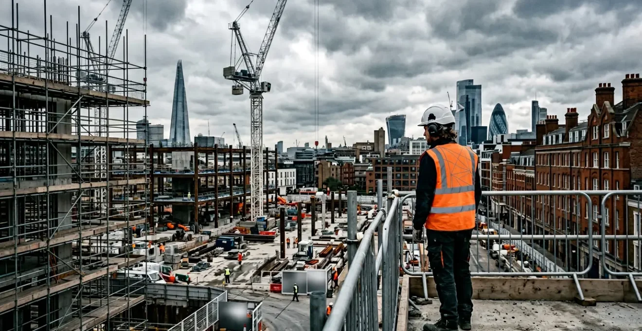 Construction professional wearing heavy-duty wireless headset on active London construction site with safety equipment