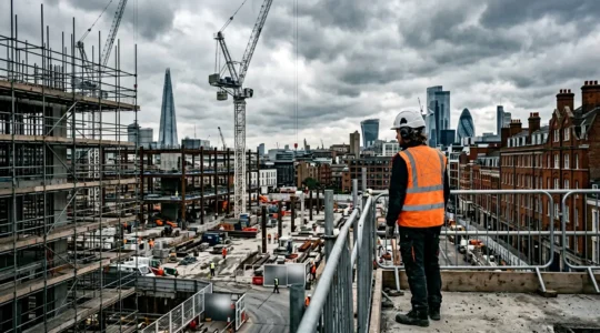 Construction professional wearing heavy-duty wireless headset on active London construction site with safety equipment