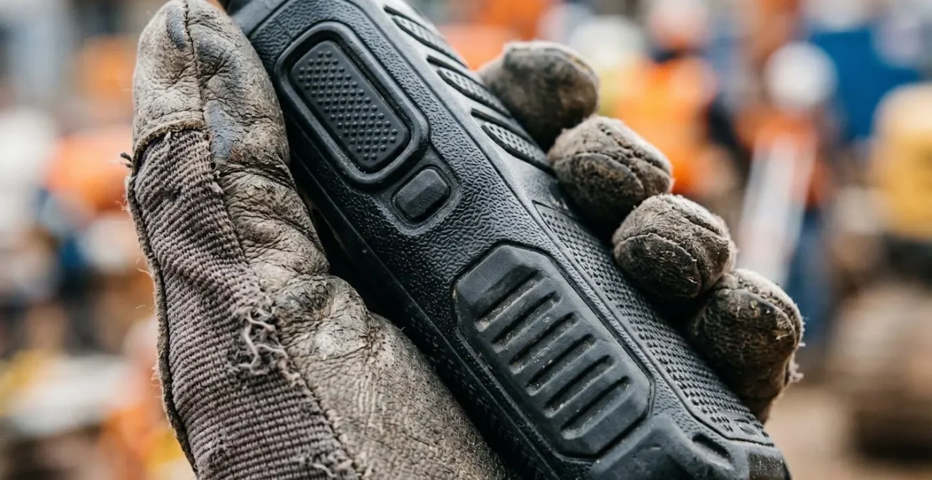 Close-up of construction worker's gloved hand gripping rugged communication device with visible tactile surface texture