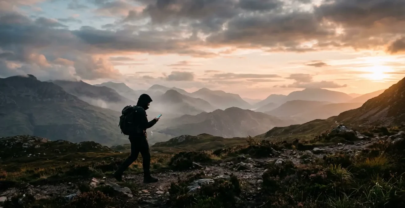 Hiker checking smartphone for navigation in Scottish Highlands mountains at golden hour