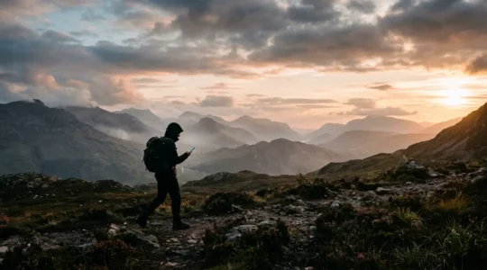 Hiker checking smartphone for navigation in Scottish Highlands mountains at golden hour