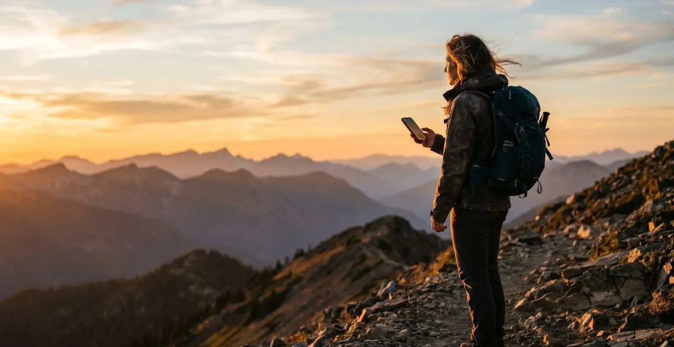 Hiker on mountain ridge during scheduled communication check at sunset