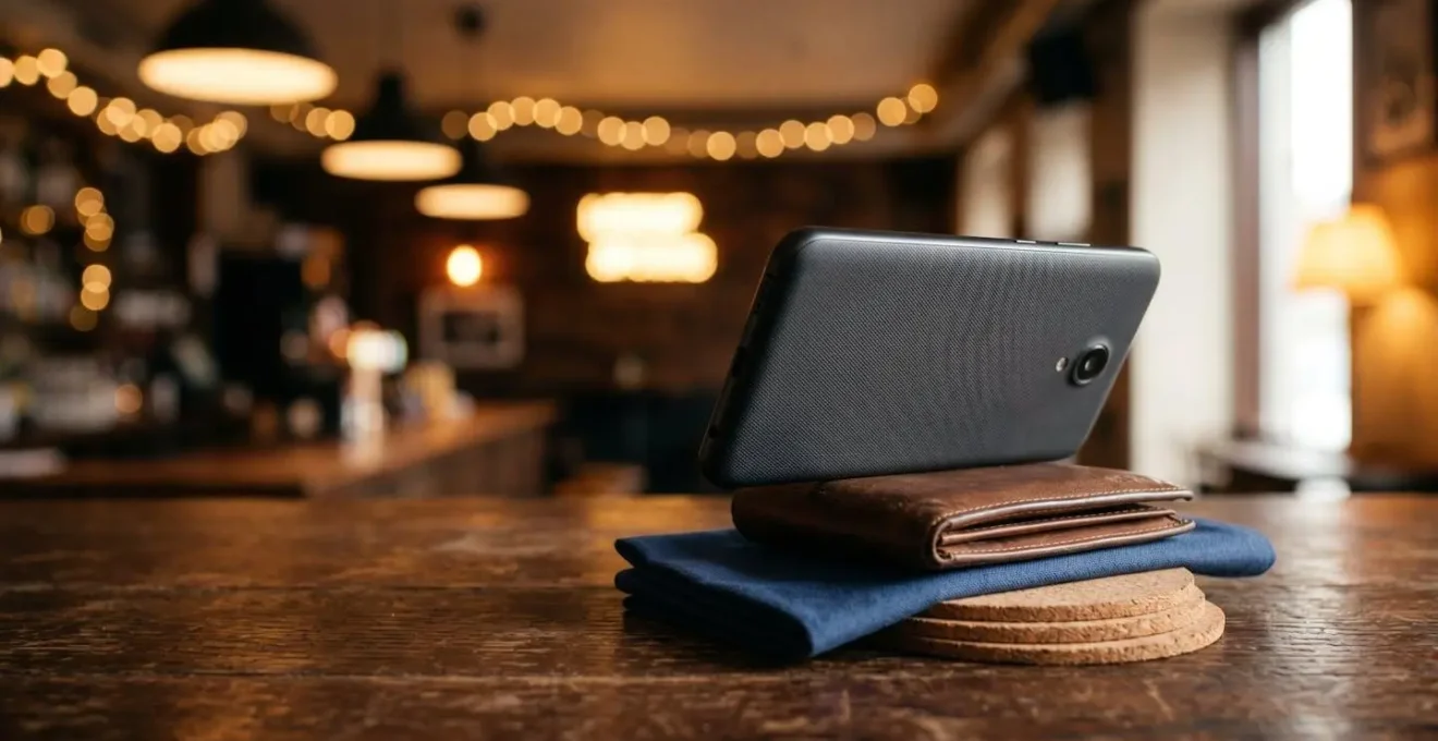 Smartphone propped against everyday objects like glass and wallet for stable night photography