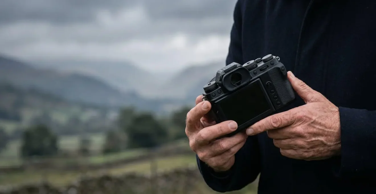 Hands adjusting focus and exposure controls on professional camera in moody overcast landscape setting