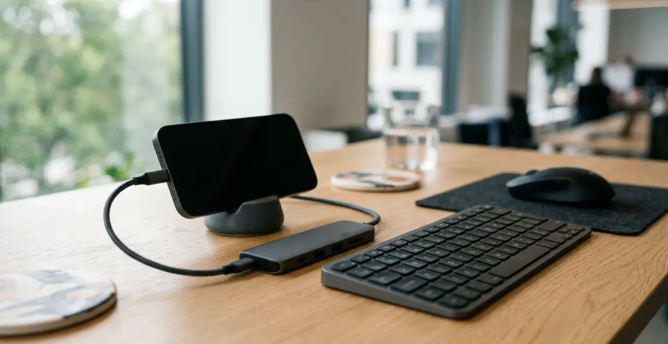 Professional mobile workstation setup showing smartphone connected to external peripherals on minimalist desk