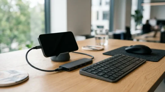 Professional mobile workstation setup showing smartphone connected to external peripherals on minimalist desk