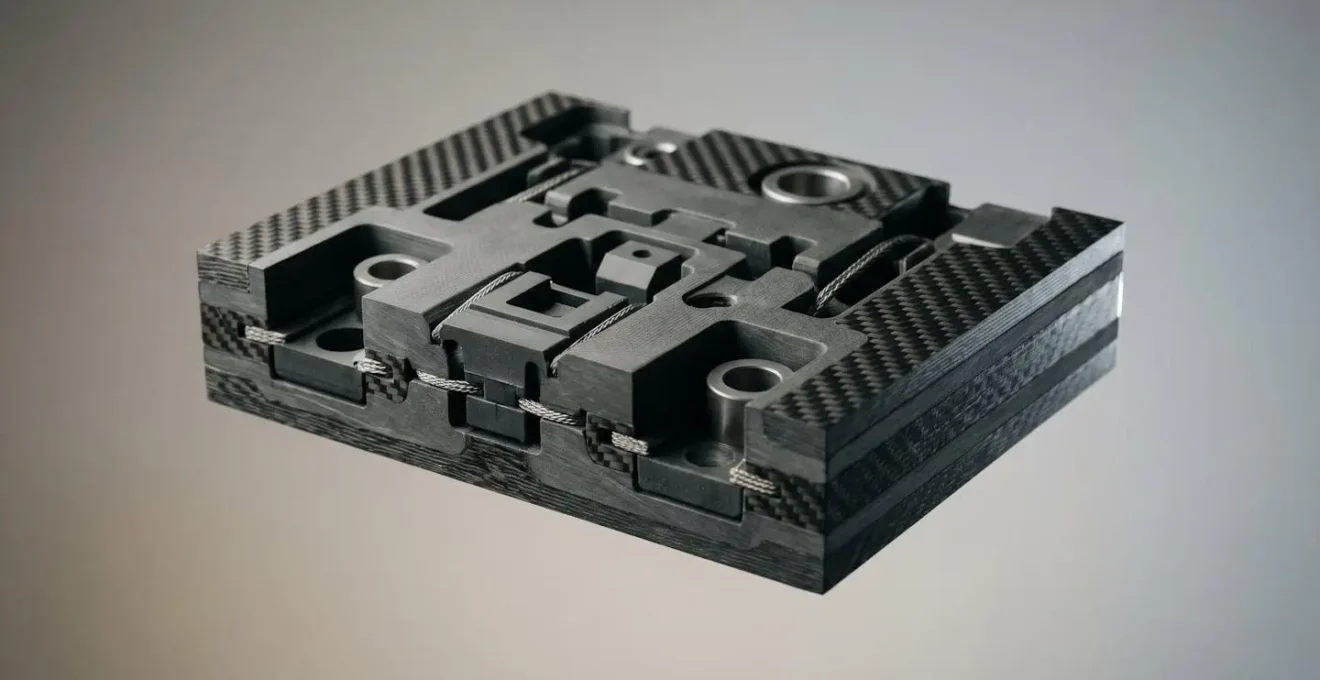 Detailed cross-section view of high-density molded composite smartphone chassis showing integrated component mounting structure and vibration dampening properties