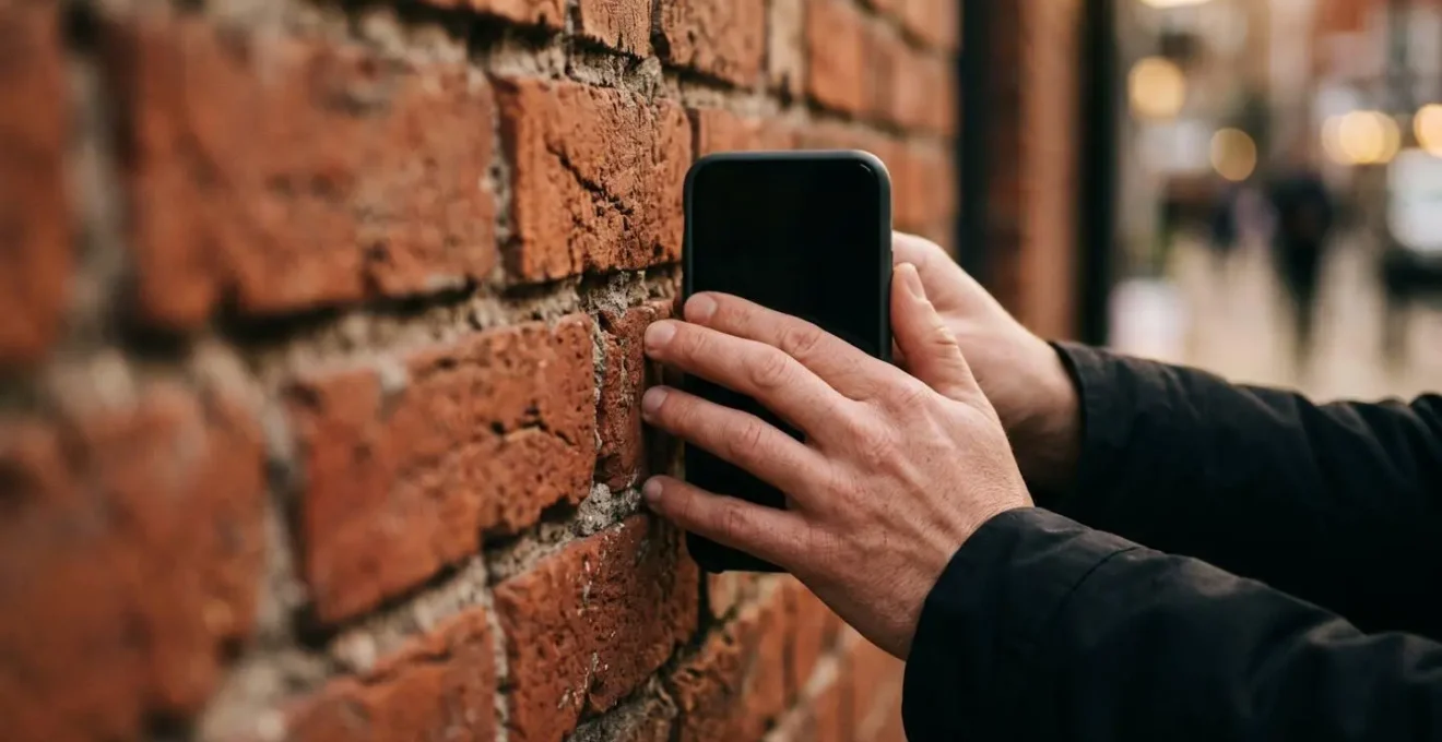Close-up of hands bracing smartphone against urban structure for stable night photography without tripod