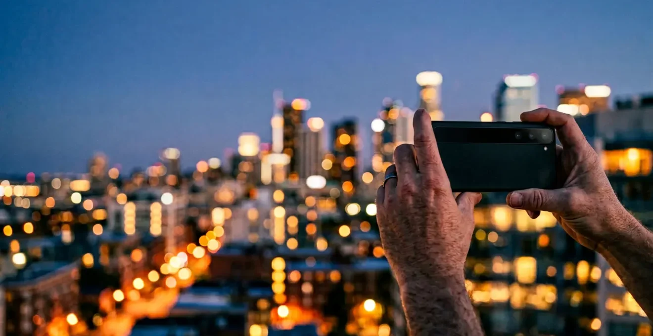 Person holding smartphone capturing city lights at night without tripod during blue hour