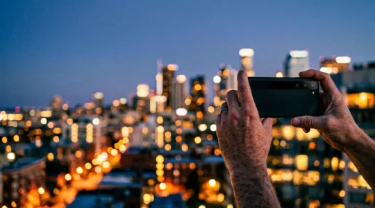 Person holding smartphone capturing city lights at night without tripod during blue hour