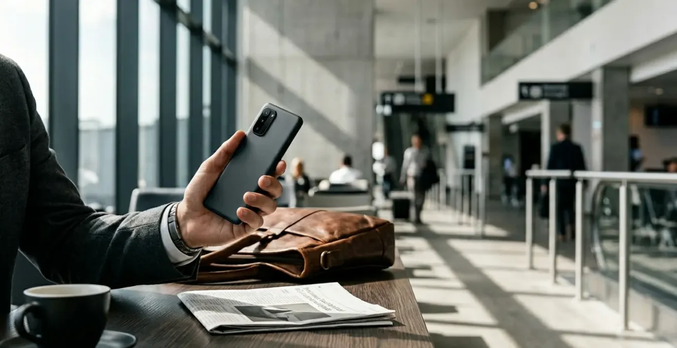 Professional business traveler holding Nokia smartphone with extended battery life during multi-day journey