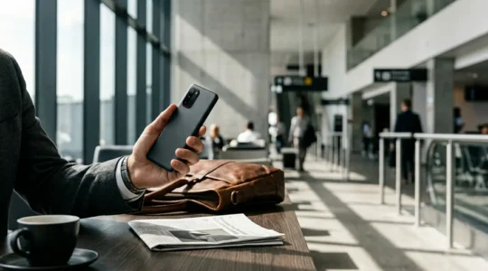 Professional business traveler holding Nokia smartphone with extended battery life during multi-day journey