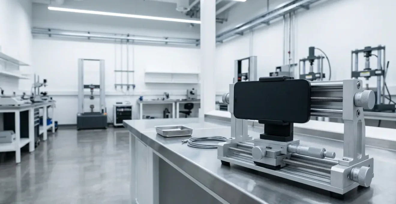 Professional durability testing setup showing precision measurement equipment examining smartphone structural integrity in controlled laboratory environment