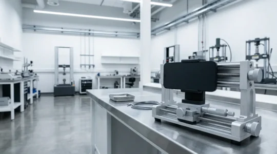 Professional durability testing setup showing precision measurement equipment examining smartphone structural integrity in controlled laboratory environment