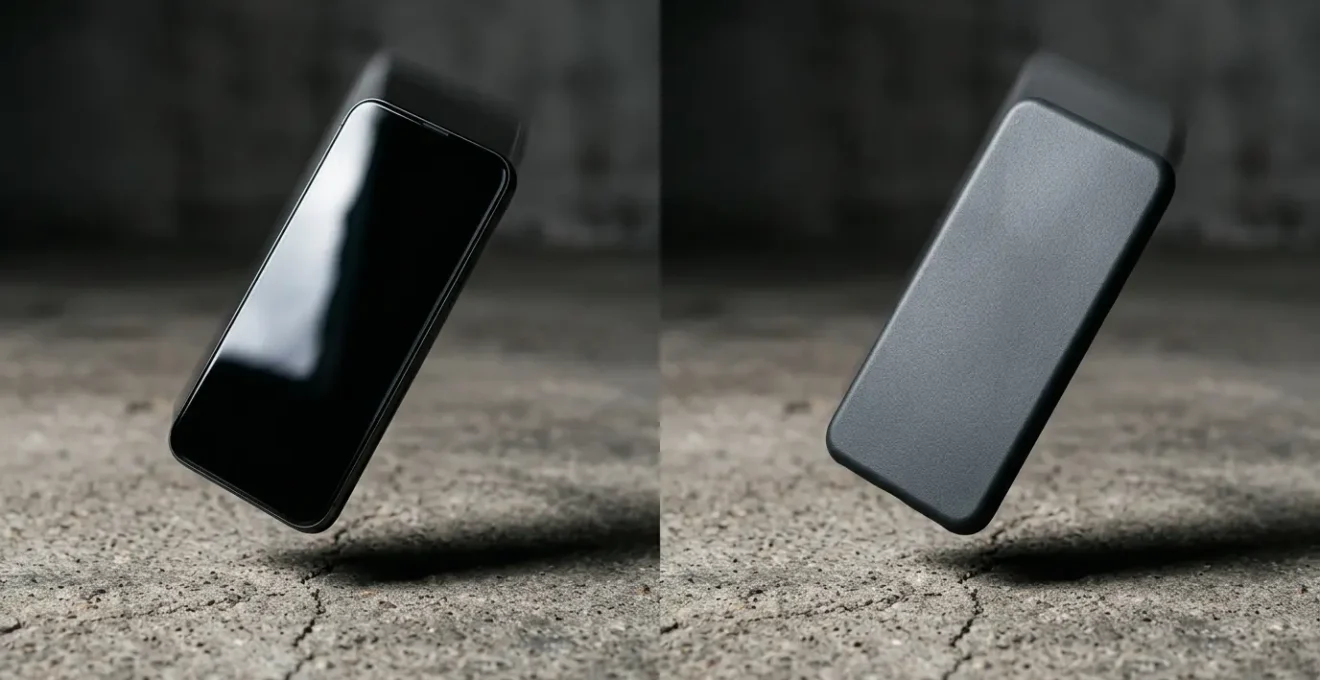 Close-up photograph showing the moment of impact between two smartphones and a concrete surface during a drop test comparison