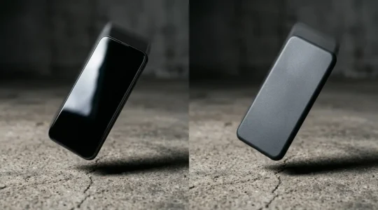 Close-up photograph showing the moment of impact between two smartphones and a concrete surface during a drop test comparison
