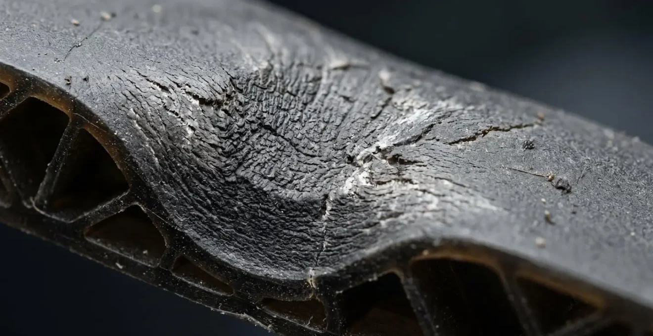 Macro photograph capturing the deformation of polymer material under impact force showing energy dissipation through material flexing