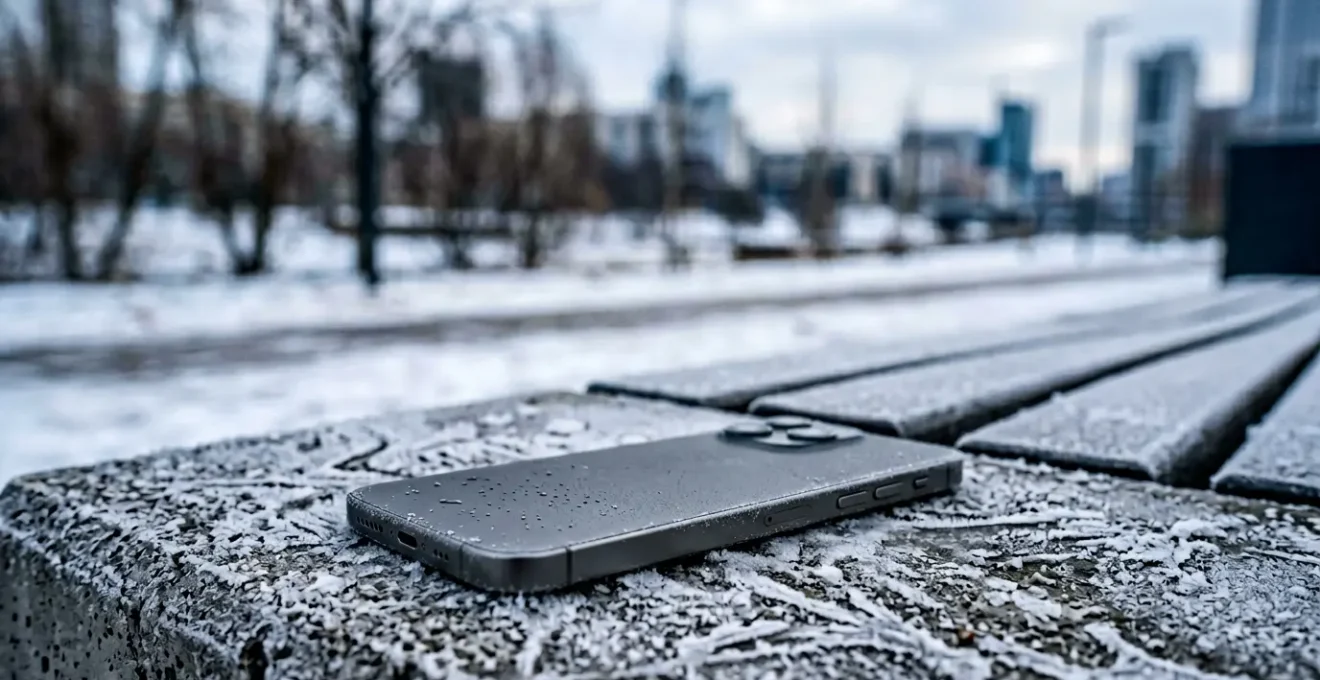 A smartphone in freezing winter conditions showing temperature effects on mobile technology