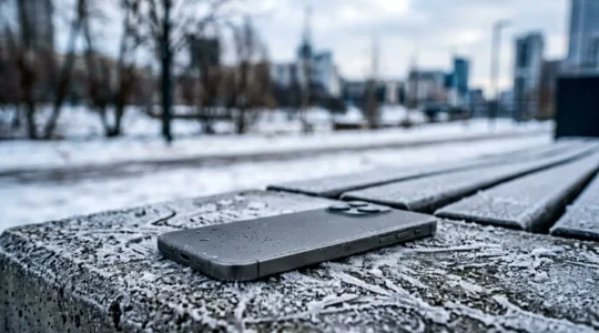 A smartphone in freezing winter conditions showing temperature effects on mobile technology