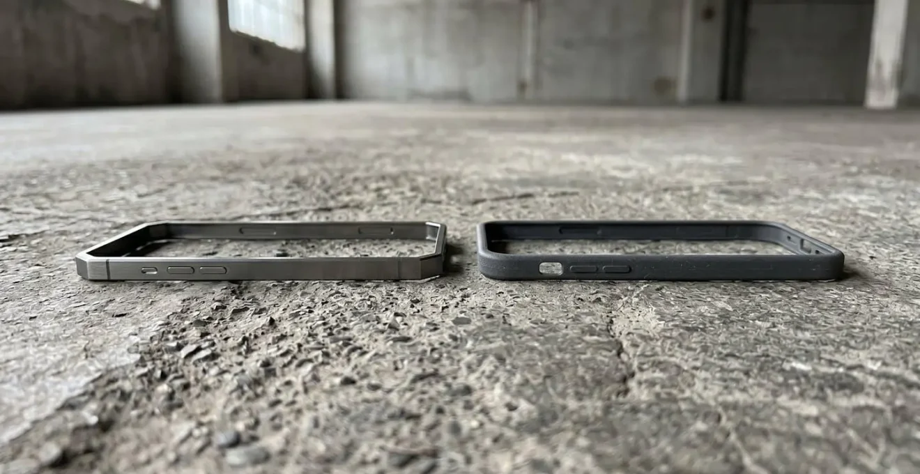 Environmental wide-angle photograph showing two smartphone frames positioned on weathered concrete surface illustrating material contrast