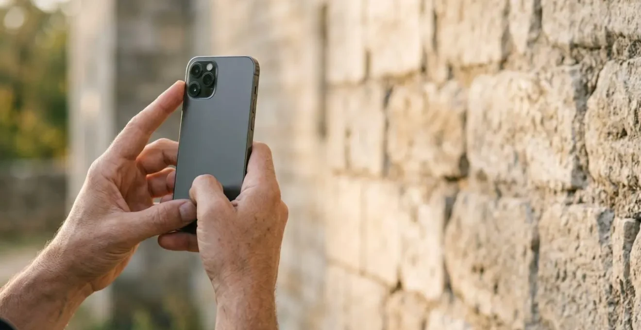 Hands holding smartphone parallel to medieval castle wall demonstrating proper technique