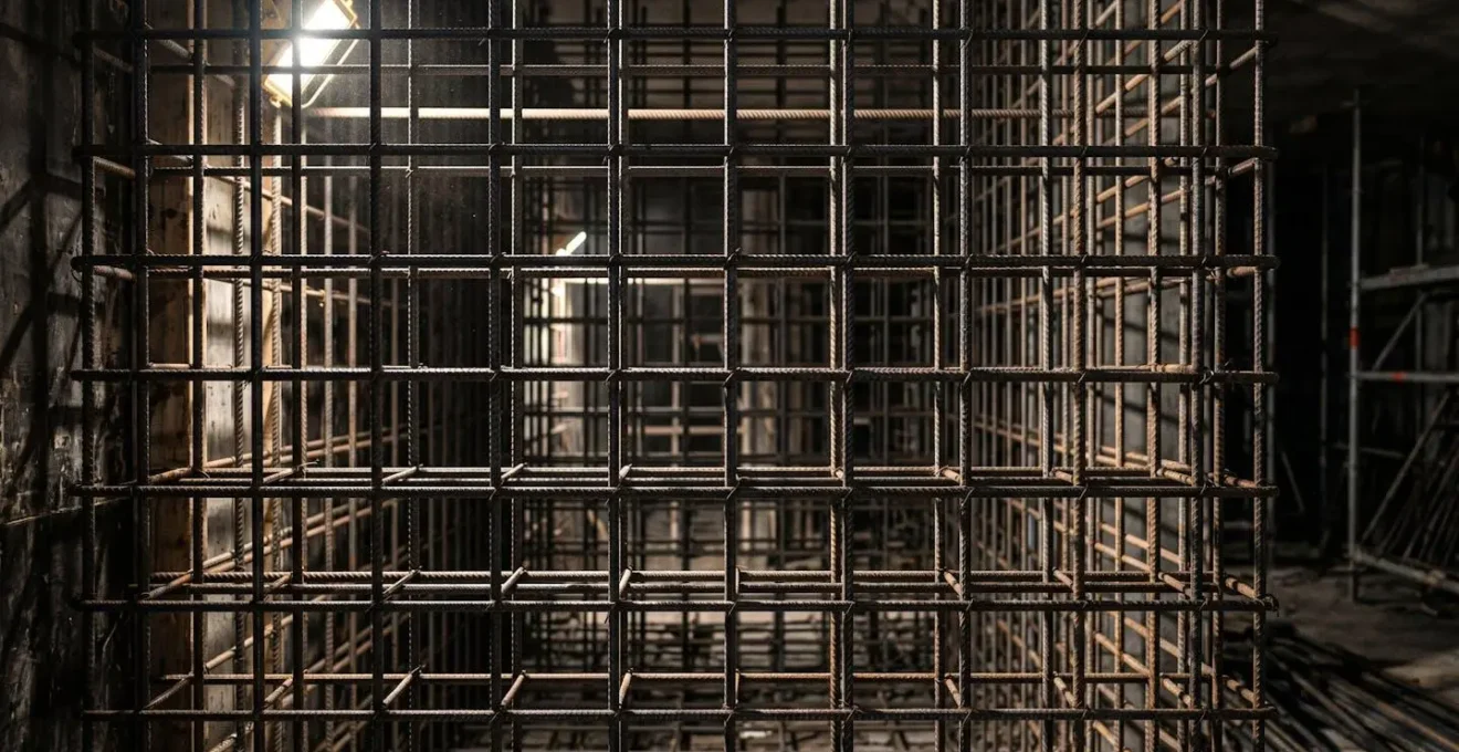Abstract view of steel reinforcement rebar grid in concrete construction creating mesh pattern with dramatic shadows