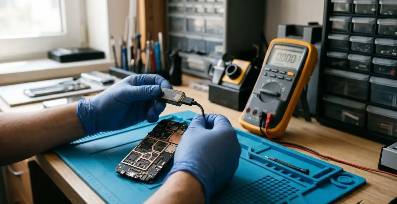 Repair technician using diagnostic equipment to test smartphone circuit board components