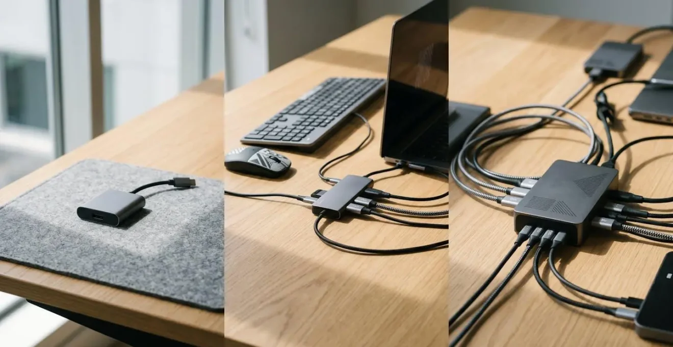 Three-tier peripheral strategy visualization showing minimalist to full dock mobile workstation configurations