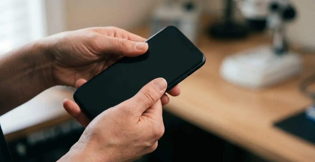 Close-up view of hands performing torsional rigidity test on smartphone frame showing proper grip technique for structural assessment