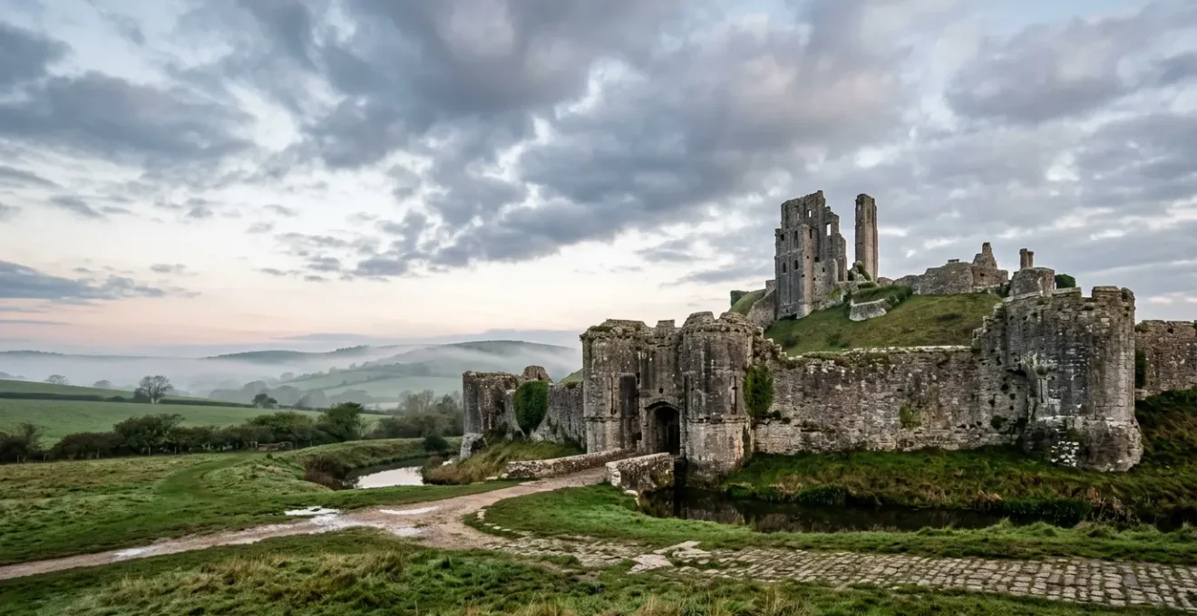 Medieval British castle captured with ultra-wide lens showcasing complete architecture against dramatic sky