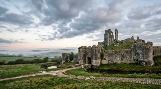 Medieval British castle captured with ultra-wide lens showcasing complete architecture against dramatic sky