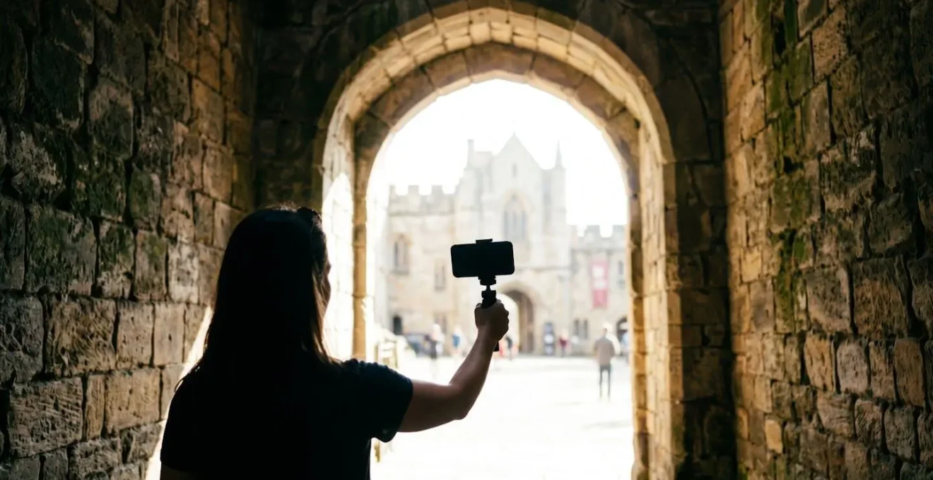 Content creator filming inside dark castle gateway with bright courtyard visible behind