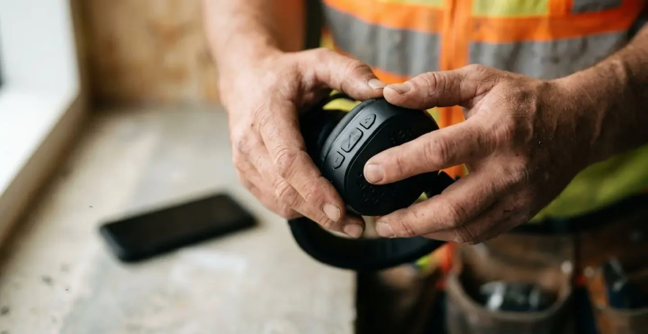 Close-up of construction worker hands positioning wireless headset and mobile device in correct pairing sequence