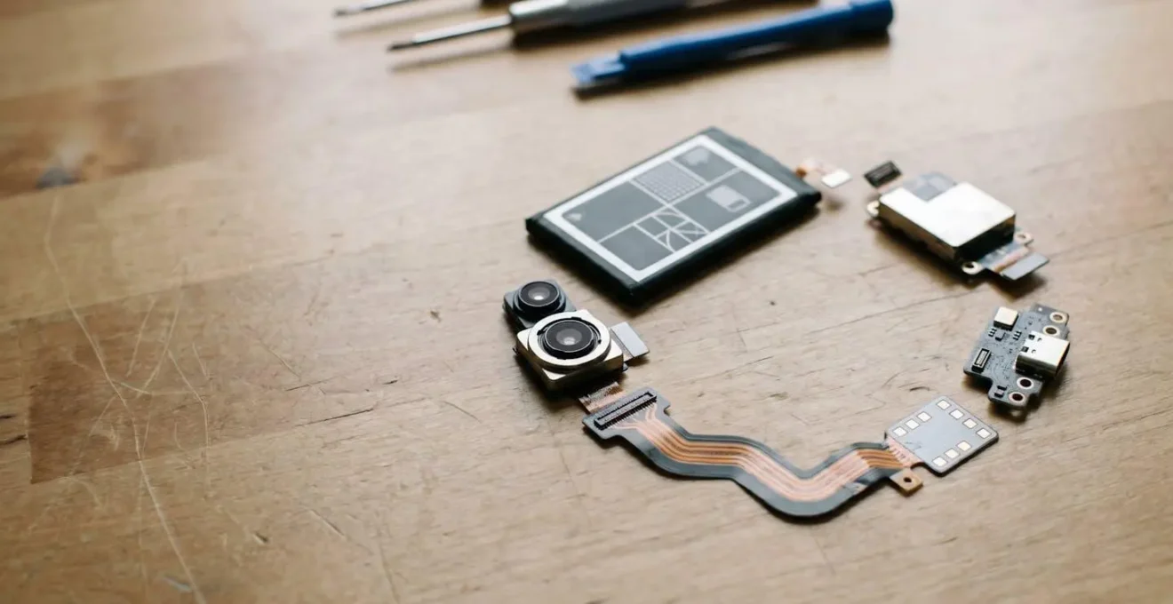 Modular smartphone components arranged to illustrate sustainable repair practices