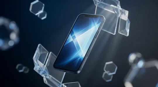 Abstract visualization of enterprise mobile device security architecture with hardware encryption elements in a minimalist editorial style