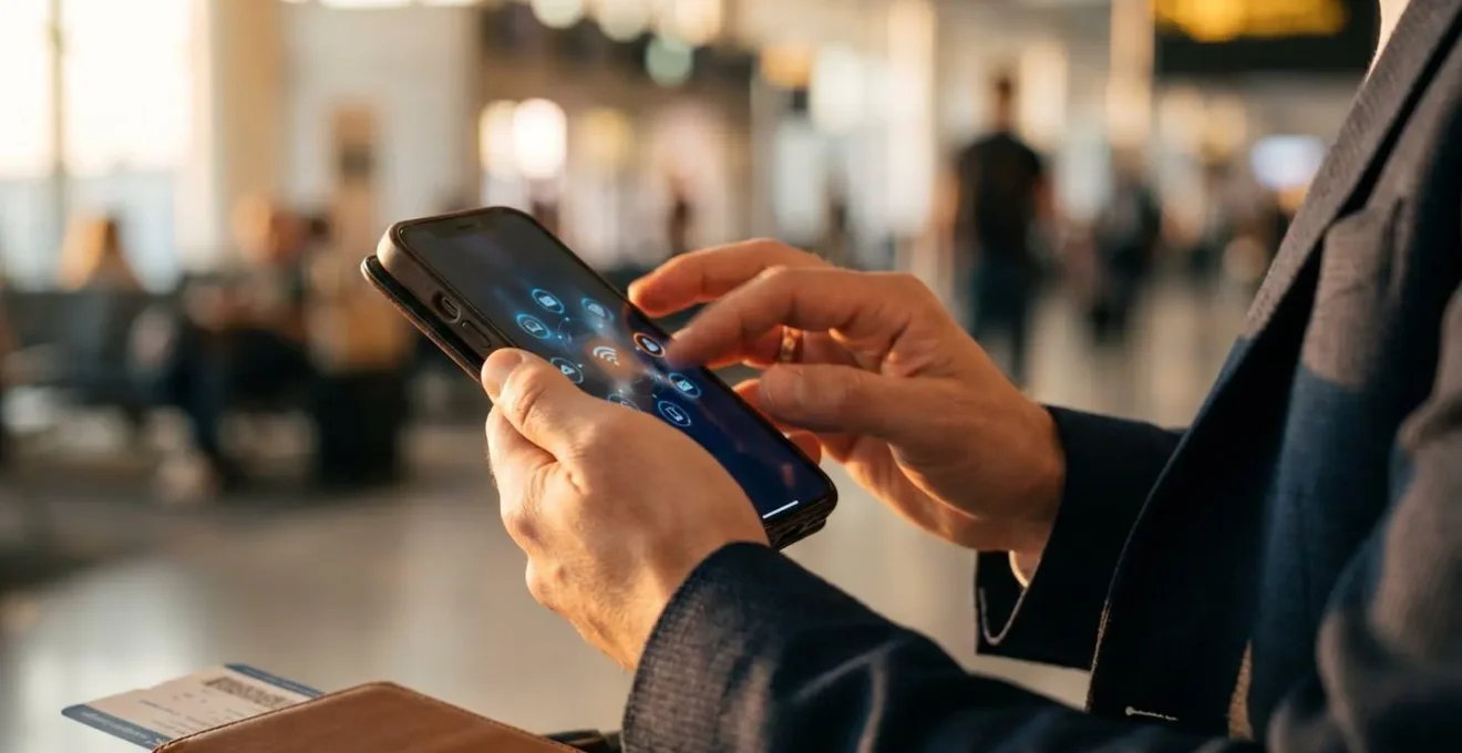 Business traveler managing dual-SIM mobile connectivity setup for international roaming