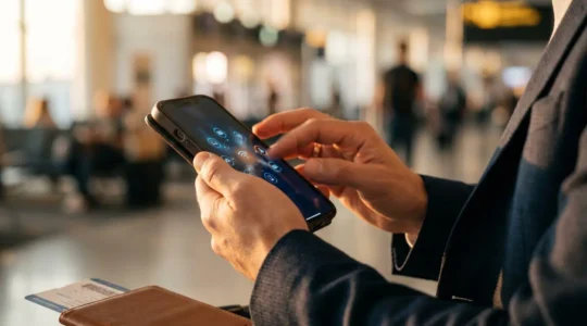Business traveler managing dual-SIM mobile connectivity setup for international roaming