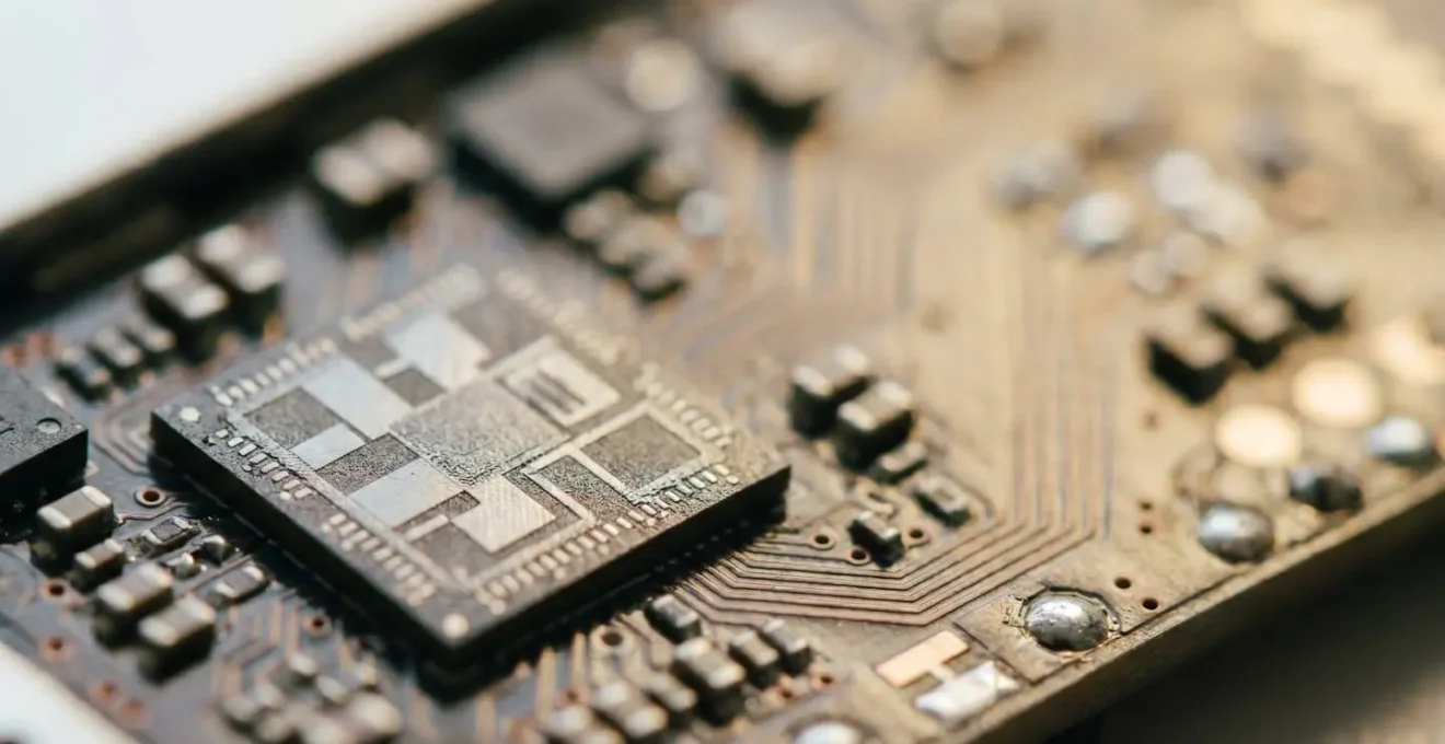 Close-up view of a hardware security module chip embedded on a smartphone circuit board with professional lighting highlighting the secure enclave component
