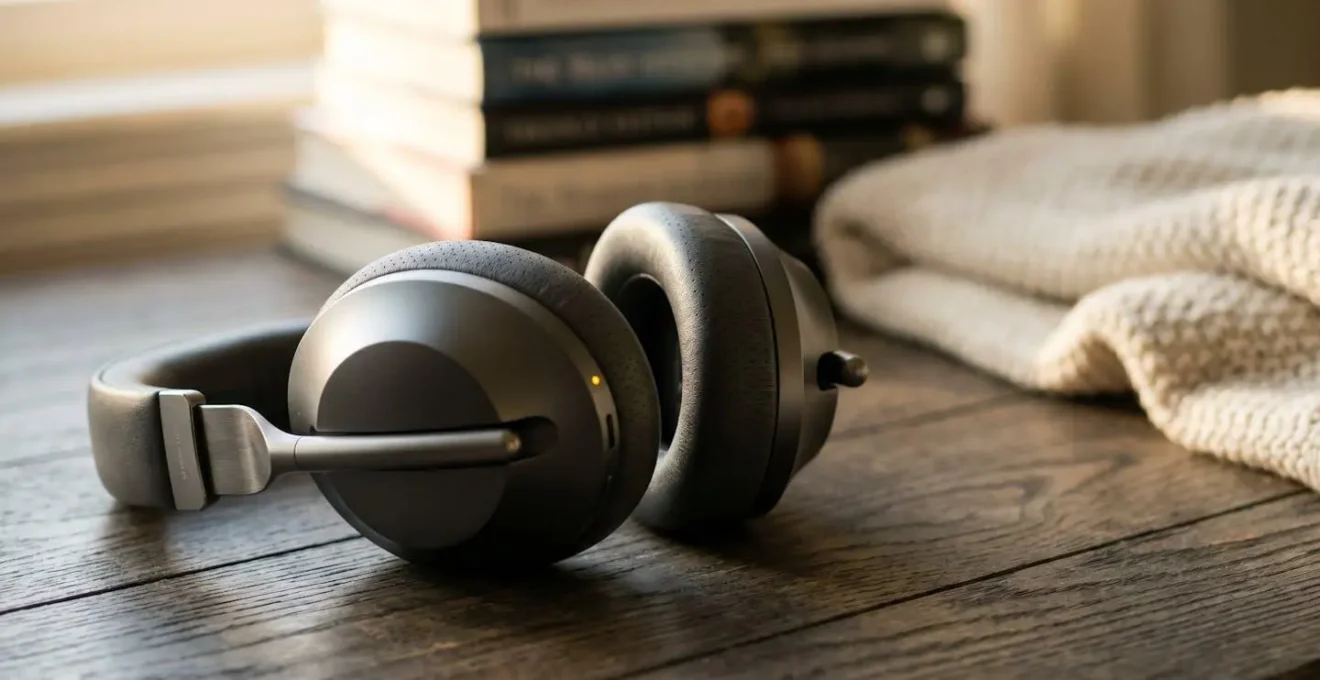 Close-up perspective of modern over-ear headphones positioned on a minimalist surface with soft ambient lighting creating depth and texture, emphasizing premium audio technology without any visible screens or text