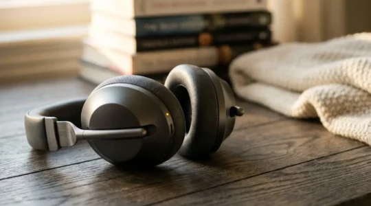 Close-up perspective of modern over-ear headphones positioned on a minimalist surface with soft ambient lighting creating depth and texture, emphasizing premium audio technology without any visible screens or text
