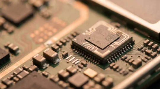 Close-up technical shot of smartphone internal GPS sensor diagnostic testing process